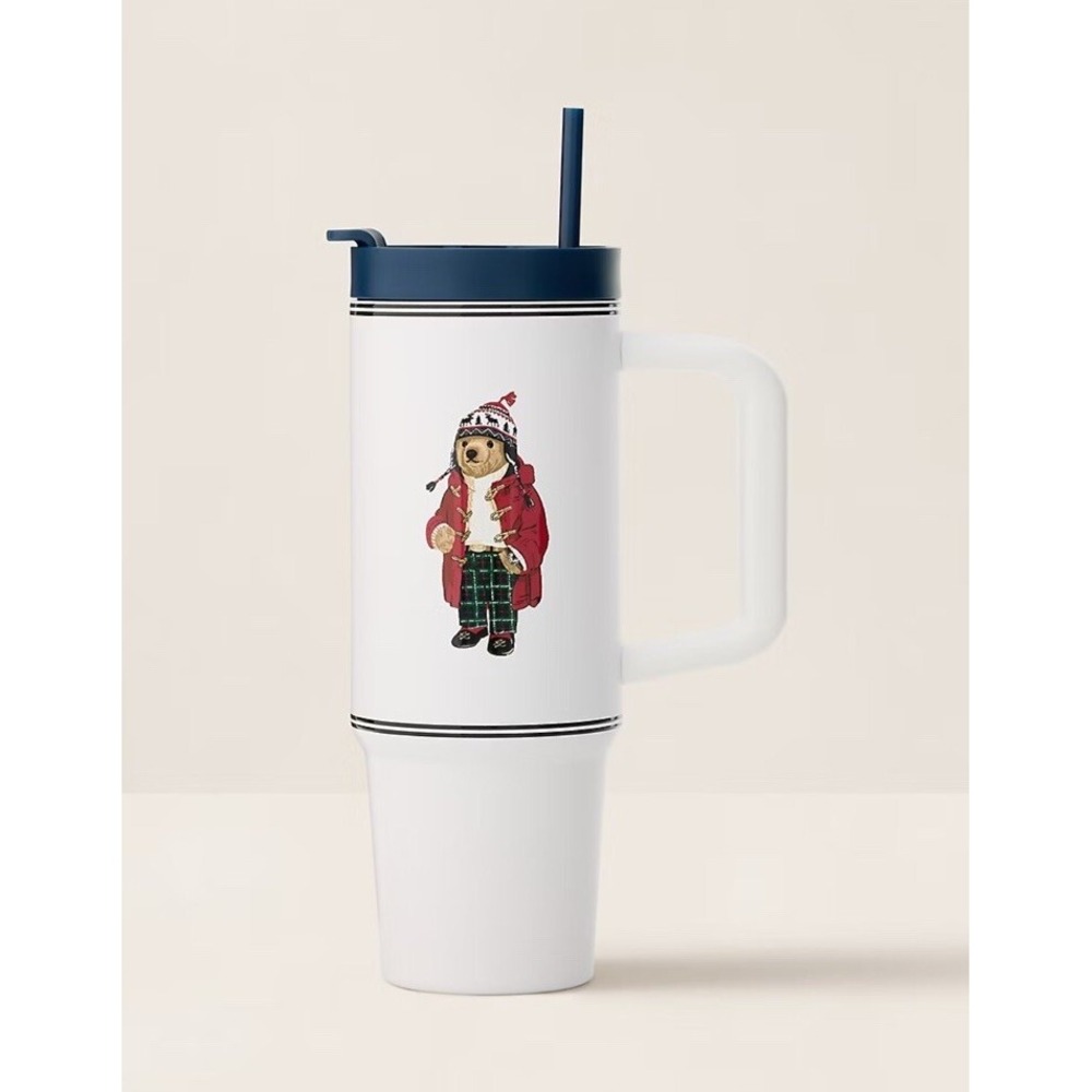 POLO RALPH LAUREN White Holiday Polo Bear Water Bottle & Straw Cold Cup Tumbler
